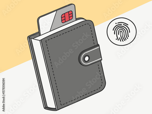 Secure wallet with credit card and fingerprint icon isolated on white background