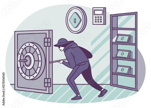 Thief attempting to break into a bank vault with tools isolated on white background