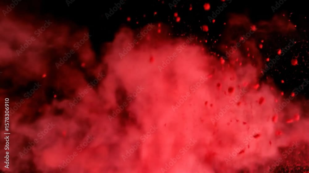 Red cloud of vapor, punctuated with droplet-like spots, fills the frame against a black background