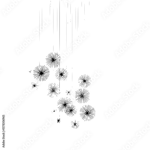 Abstract arrangement of starburst shapes suspended by thin lines in a monochrome design style