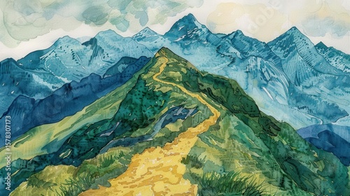 handdrawn mountain hiking trail map ink and watercolor .