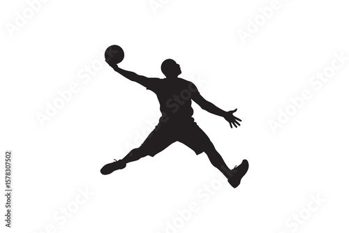 Silhouette of a basketball player in mid air holding a basketball with one hand isolated on a white background dynamic action shot vector illustration