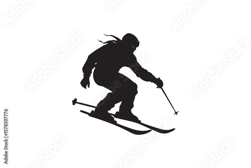 Silhouette of a Skier in Action Downhill Skiing with Poles Winter Sport Activity on the Slopes Isolated on White Background for Easy Compositing
