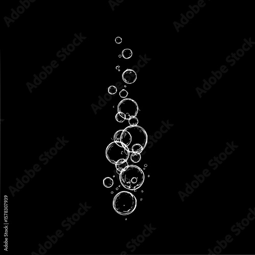 Illustration of a vertical stream of white bubbles of varying sizes on a black background design element