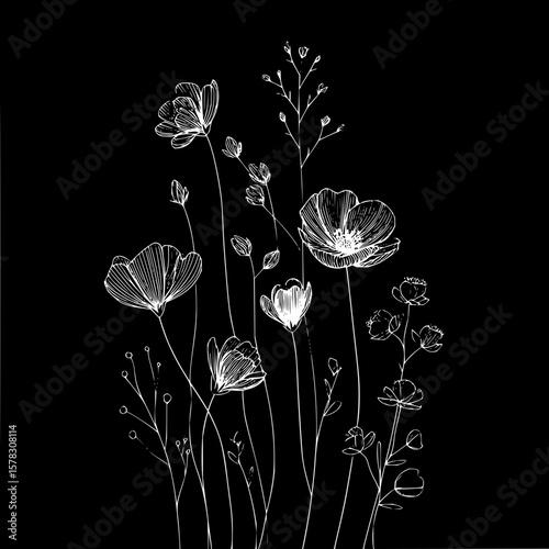 White floral sketch on black background featuring poppies and other delicate botanical elements and stems