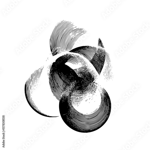 Abstract black and white drawing featuring overlapping semi circular shapes with line based textures