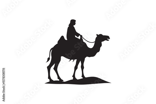 Silhouette of a man riding a camel in the desert representing travel culture and adventure in a simple and elegant black and white design