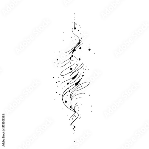 Elegant black and white tattoo design featuring swirling lines and scattered dots on a white background