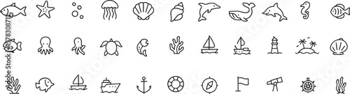 Collection of marine life and nautical elements including sea creatures boats anchors and compasses for coastal themed designs