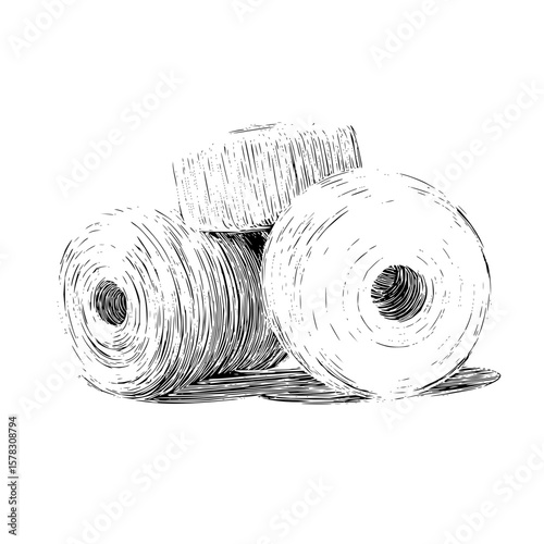 Illustration of three cylindrical objects with detailed line work and shading on a white background