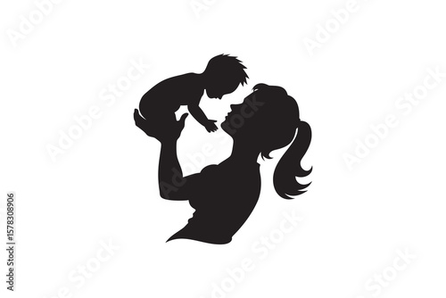 Silhouette of a Mother Holding Her Baby Up in the Air with Love and Affection Isolated on White Background Representing Motherhood and the Bond Between
