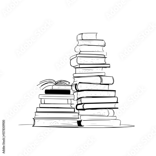 Illustration of two stacks of books with one book open and visible pages in black and white style
