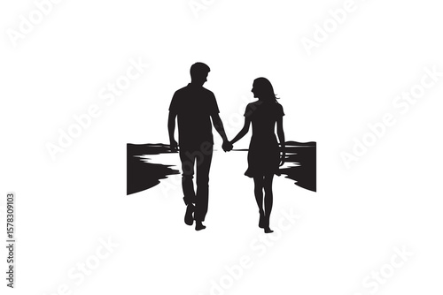Silhouette of a couple walking hand in hand on a path near water representing love companionship and romantic walks in a simple black and white