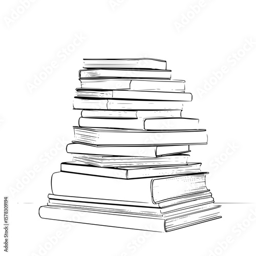 Illustration of a tall stack of books in black and white with visible line art and page details