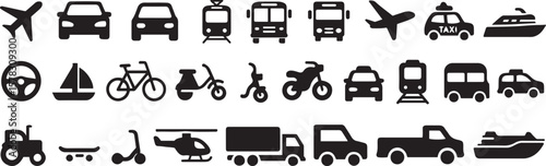 Diverse collection of transportation vehicles rendered in a vibrant cmyk color palette with clean vector graphics and editable text elements