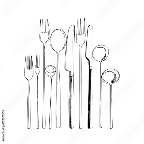 Sketch illustration of forks spoons and knives arranged vertically on a white background forming a pattern