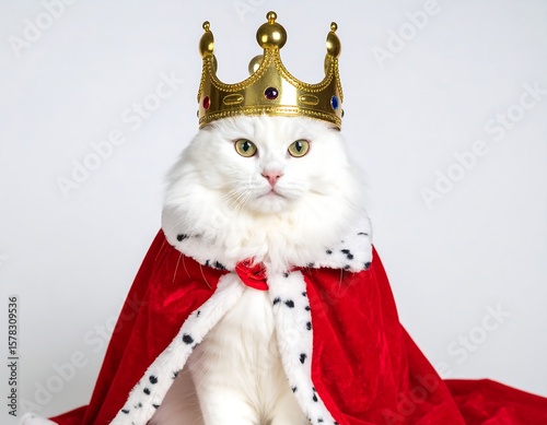 Regal cat wearing a crown and cape