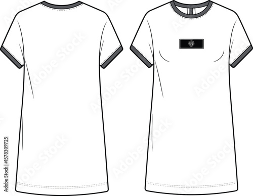 Short sleeve t-shirt, contrast rib collar, front patch embroidery, casual top fashion design, front back technical flat drawing vector