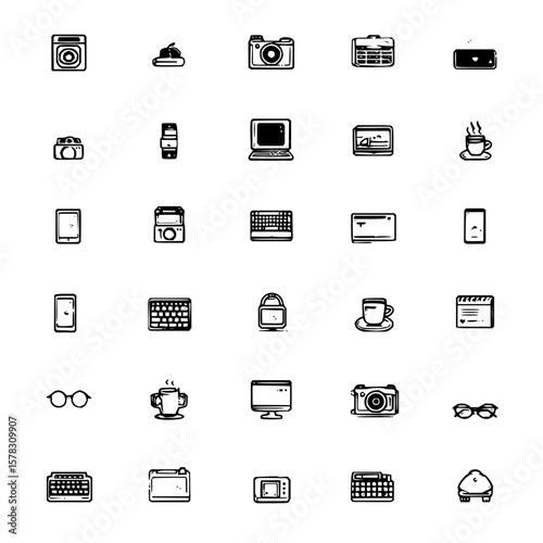 A collection of various everyday objects including electronics food and personal items in black and white