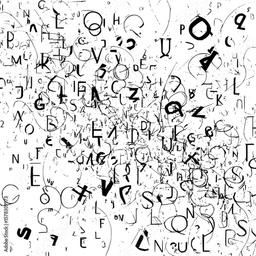 A chaotic arrangement of letters and abstract lines scattered across a white background creating a complex pattern