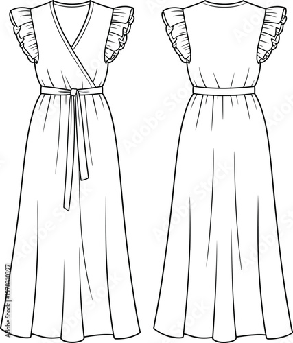 Sleeveless ruffle maxi dress with wrap front, waist belt, elegant summer dress design, fashion technical drawing, vector illustration