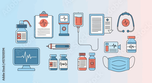 Medical equipment and supplies icons:  heart rate monitor, IV bag, medication, mask, and more.