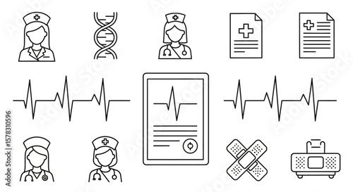Collection of simple line art medical icons, including nurses, DNA, EKG, and medical documents.