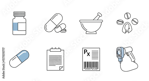 Collection of simple line art icons representing pharmacy and medical supplies.