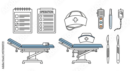 A set of medical illustrations featuring examination tables, clipboards with checklists, nurses' hats, IV bag, scalpel, and other medical equipment.