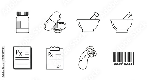 Pharmacy icons: medicine bottle, pills, mortar, pestle, prescription, barcode scanner, and barcode.