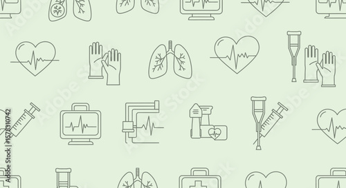 Seamless pattern of medical icons: heart, lungs,  gloves, crutches, syringe, EKG monitor, first-aid kit.