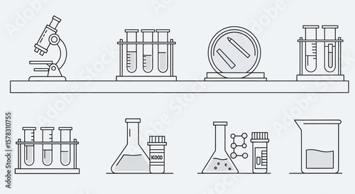 Line art illustration of various scientific lab equipment, including microscopes, test tubes, beakers, and flasks.