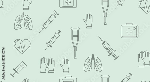 Seamless pattern featuring medical instruments, including syringes, lungs, and first aid kits.