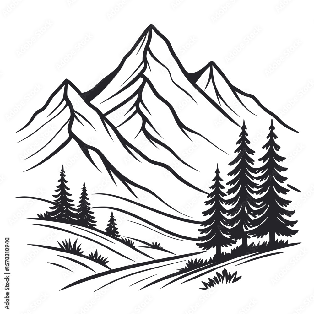 Obraz premium Hand Drawn Black Silhouette Mountain Range with Pine Trees