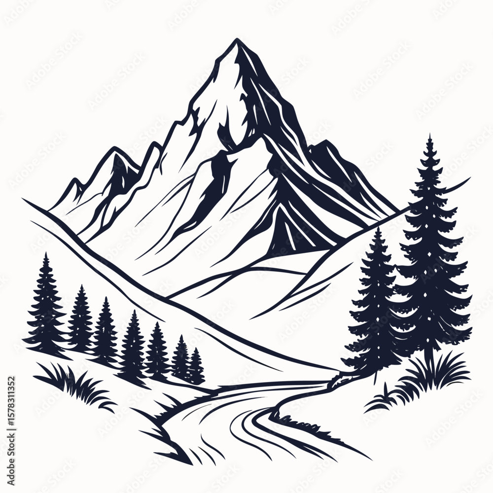 Obraz premium Hand Drawn Dark Blue Mountain Range Silhouette White Background