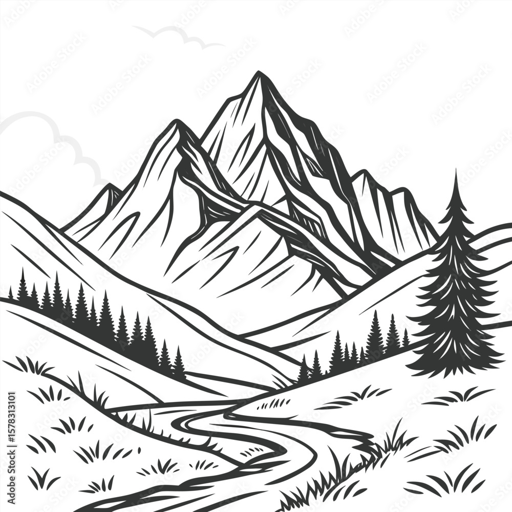Obraz premium Black and White Hand Drawn Mountain Landscape Sketch 1