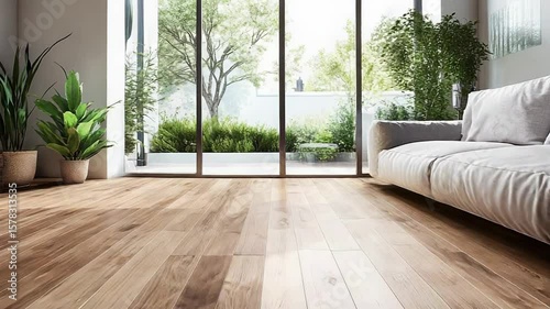 Modern living room with elegant wooden floor and garden view