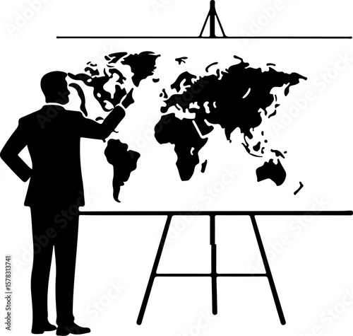 businessman with world map on blackboard, map, world, earth, globe, business, illustration, europe, asia, global, america, vector, world map, planet, travel, continent, atlas, australia, geography, co
