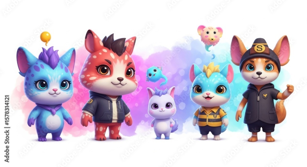 Obraz premium Adorable stylized cartoon animals in colorful studio setting