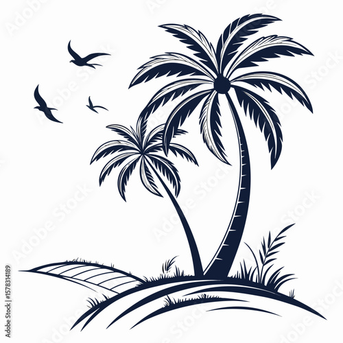 Dark Blue Palm Tree Silhouette Vector Illustration White Background Birds