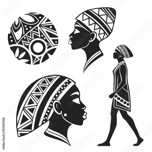 African tribal silhouettes women head ornament vector