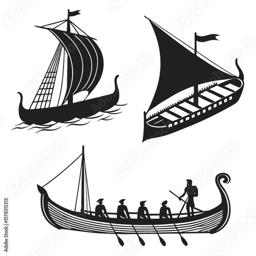 Ancient sailing ships and rowing boat ancient ships