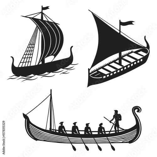 Ancient sailing vessels and rowing boat ancient ships