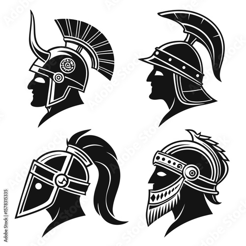 Ancient warrior helmets black silhouette profiles vector