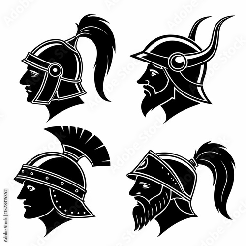 Ancient warrior helmet profiles black and white silhouette