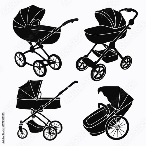 Baby strollers and cradles black silhouettes carriage