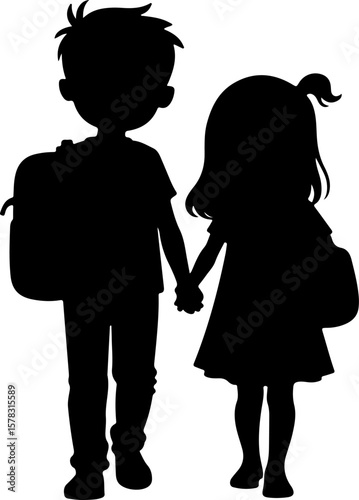 boy and girl going to school , silhouette, woman, couple, people, vector, love, child, illustration, boy, family, black, dance, silhouettes, men, daughter, fashion, kid, person, mother, romance, fun, 