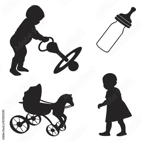 Baby toddler silhouettes with stroller and bottle black