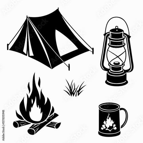 Black camping essentials tent lantern campfire mug