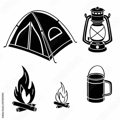 Black camping icons tent lantern campfire mug vector